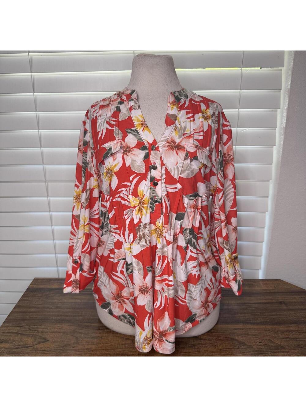 Coral Bay Floral Print Button-Up Blouse Size PL